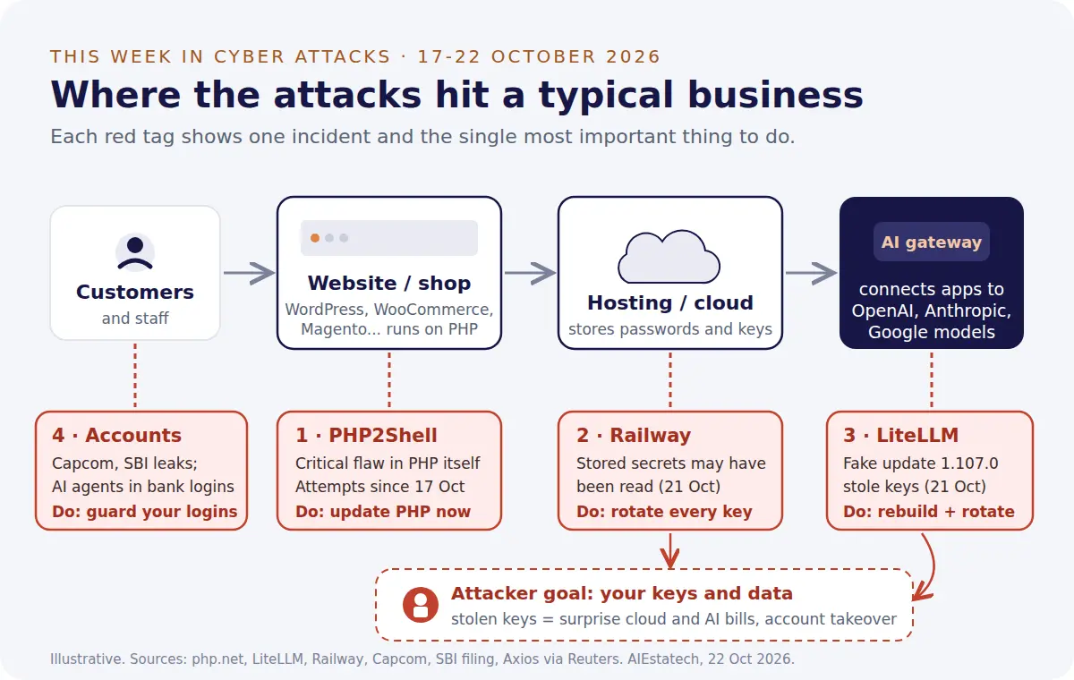 Diagram of a typical business setup: customers, website or shop on PHP, hosting or cloud, and an AI gateway connecting to AI models. Red tags mark where this week's incidents hit: account leaks at Capcom and SBI and AI agents in bank logins, PHP2Shell on the website, the Railway breach in hosting, and the LiteLLM fake release in the AI gateway, each with one action to take.