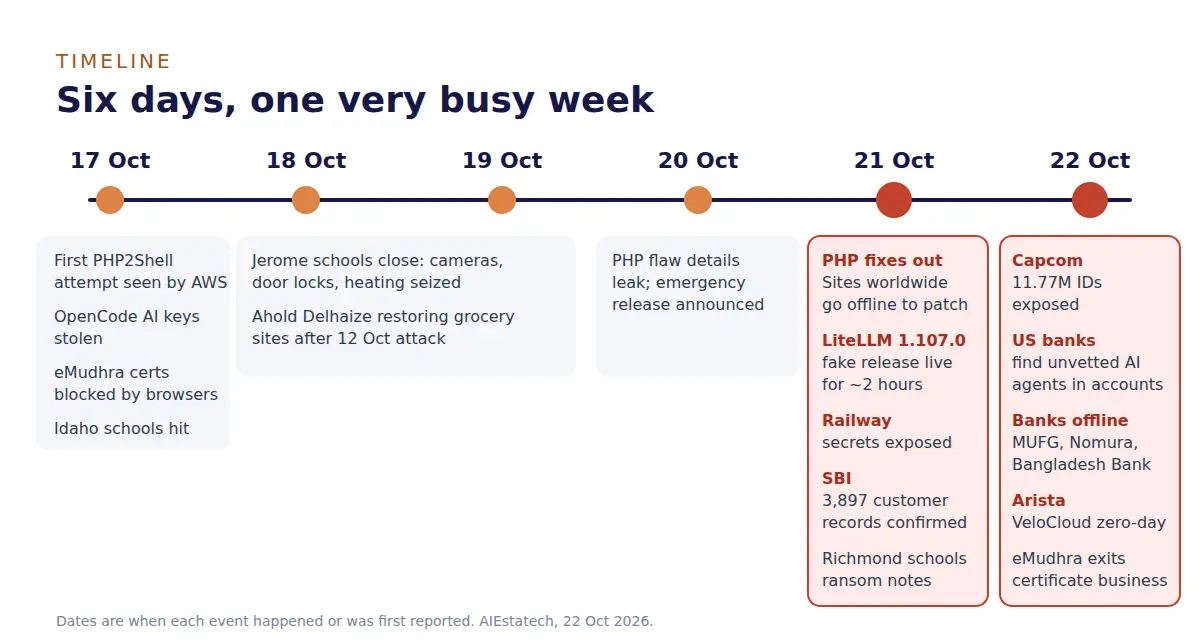 Timeline from 17 to 22 October 2026. 17 Oct: first PHP2Shell attempt seen by AWS, OpenCode AI keys stolen, eMudhra certificates blocked, Idaho schools hit. 18-19 Oct: Jerome schools close, Ahold Delhaize restoring sites. 20 Oct: PHP flaw details leak. 21 Oct: PHP fixes released and sites go offline, LiteLLM fake release, Railway secrets exposed, SBI confirms 3,897 records, Richmond schools ransom notes. 22 Oct: Capcom 11.77 million IDs, US banks find AI agents in accounts, MUFG, Nomura and Bangladesh Bank take services offline, Arista zero-day, eMudhra exits.